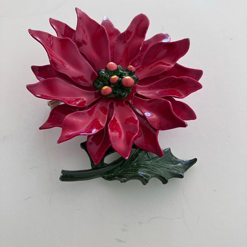 Red poinsettia holiday brooch pin